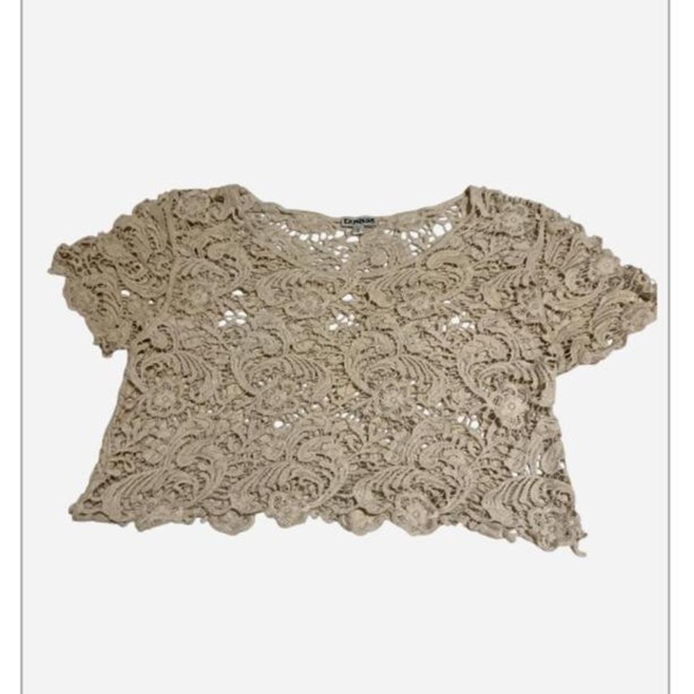 EXPRESS Beige Crochet Lace Cropped Boho Short Sleeve cotton Top, coquette